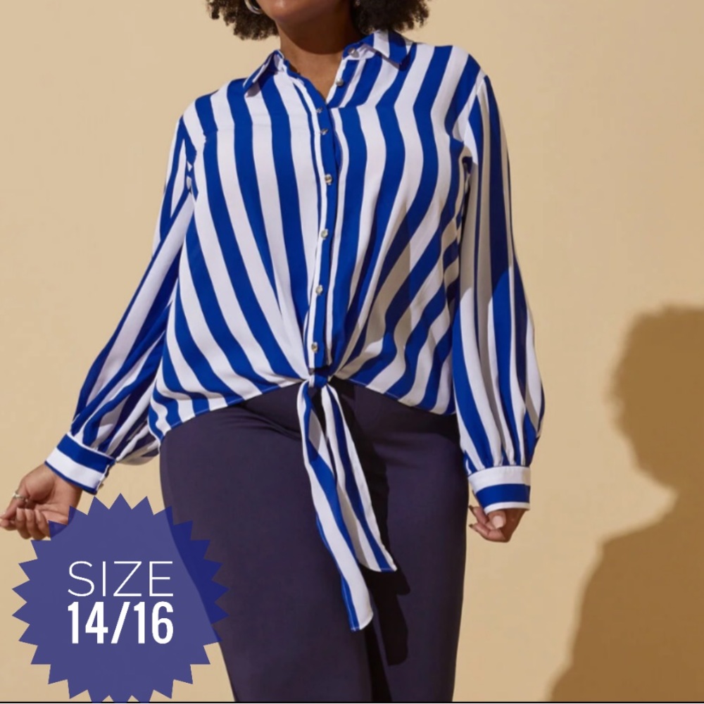Plus ASHLEY STEWART White Blue Striped Tie Front Shirt 14/16